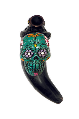 Hand Pipe - Hand Crafted Horn Sugar Skull Turquoise