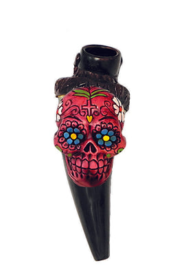 Hand Pipe - Hand Crafted Horn Sugar Skull Red